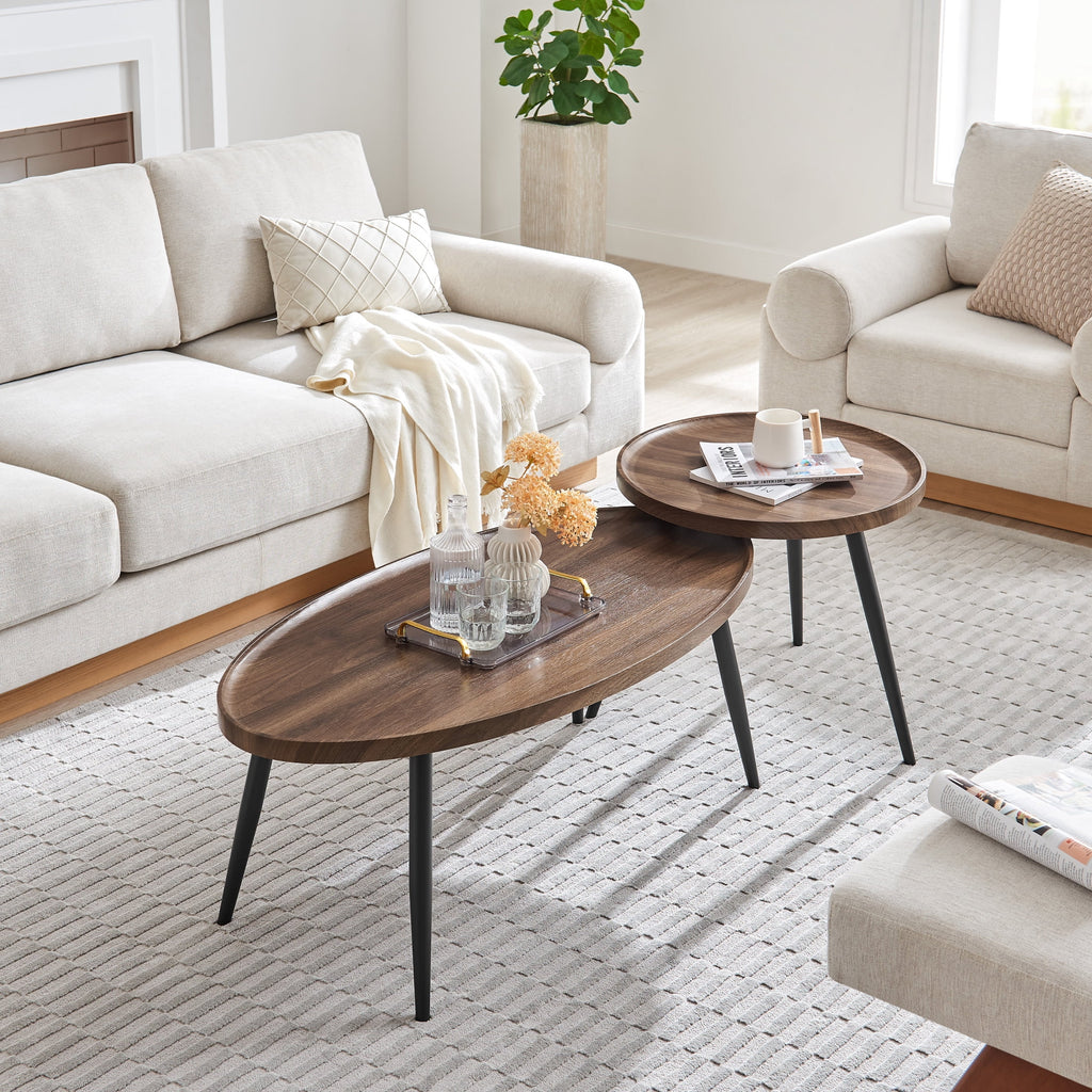2 Piece Walnut Coffee Table Set with Black Metal Legs A31028