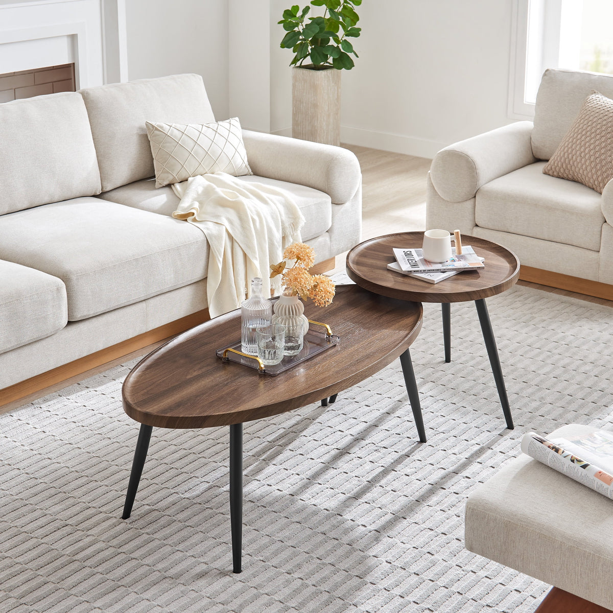 2 Piece Walnut Coffee Table Set with Black Metal Legs A31028