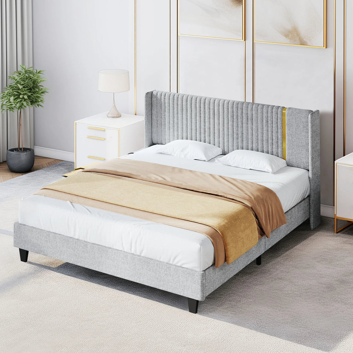 Upholstered Wingback King Bed Frame with Wood Slats Z703