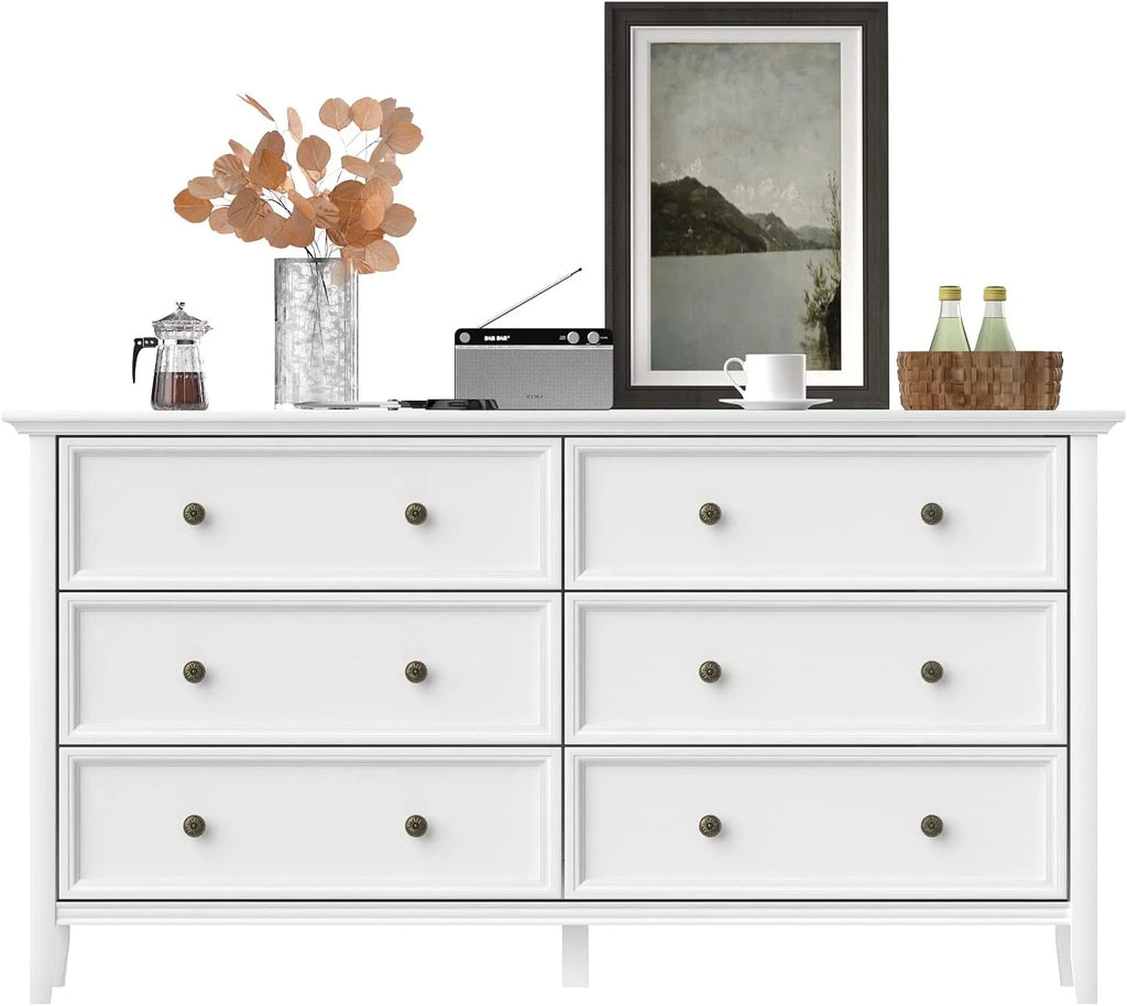 6 Drawer Double Dresser 55 inch Solid Wood White Q337476