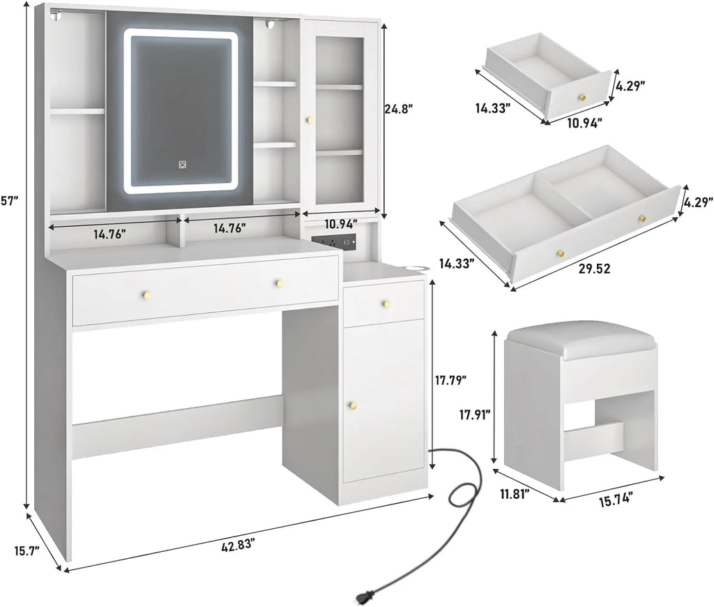 White Vanity Desk with Sliding Mirror and Lights Q252