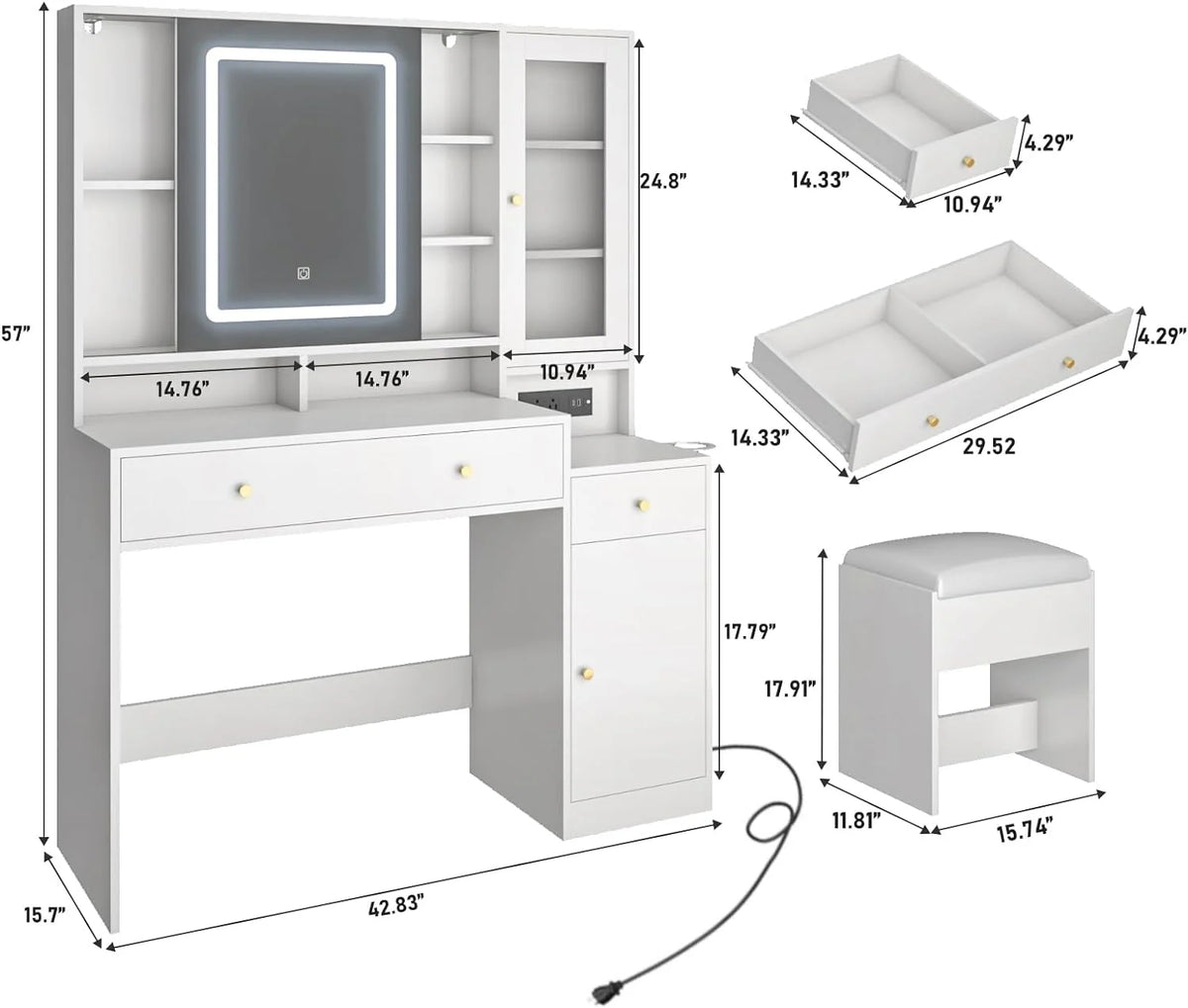White Vanity Desk with Sliding Mirror and Lights Q252