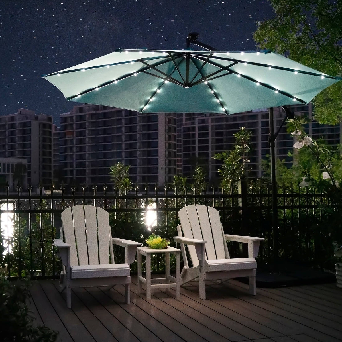 10 ft. Cantilever Hanging Patio Umbrella with Solar LED and Base Weights, Dark Green X88108