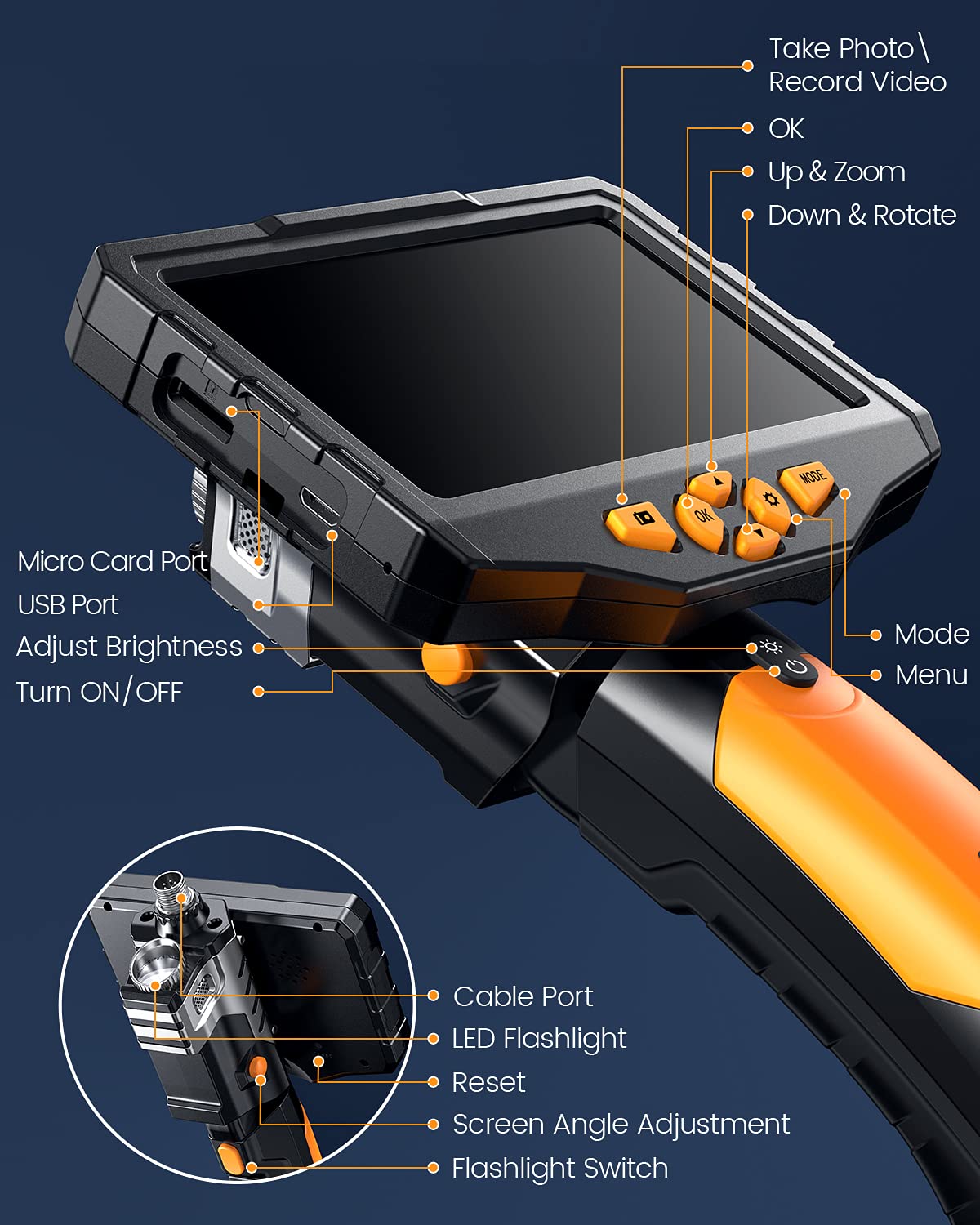 Triple-Lens Borescope Inspection Camera with Light, 16.4ft Waterproof Flexible Cable E813707