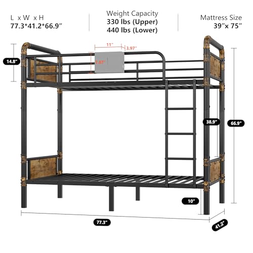 2 IN 1 Metal Bunk Bed Twin Over Twin, Convertible into 2 Individual Twin Size Bed, Vintage Brown U874495