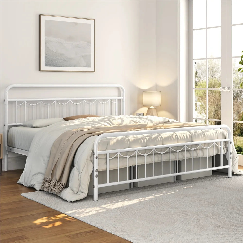Queen Metal Platform Bed Frame with Vintage Headboard and Footboard E7905