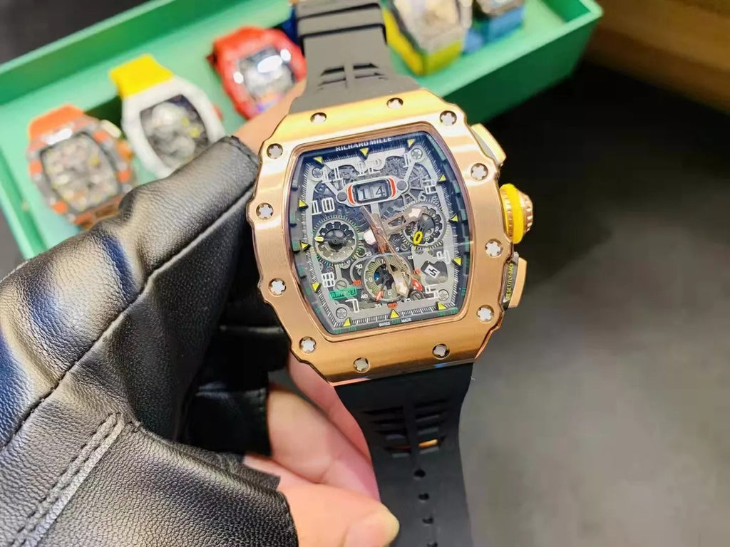 Skeleton Dial Rose Gold Bezel Black Rubber Strap D710467