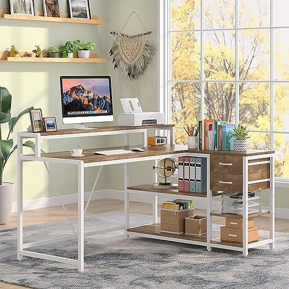 Reversible L Shaped Desk with Drawer Shelves Monitor Stand U2920