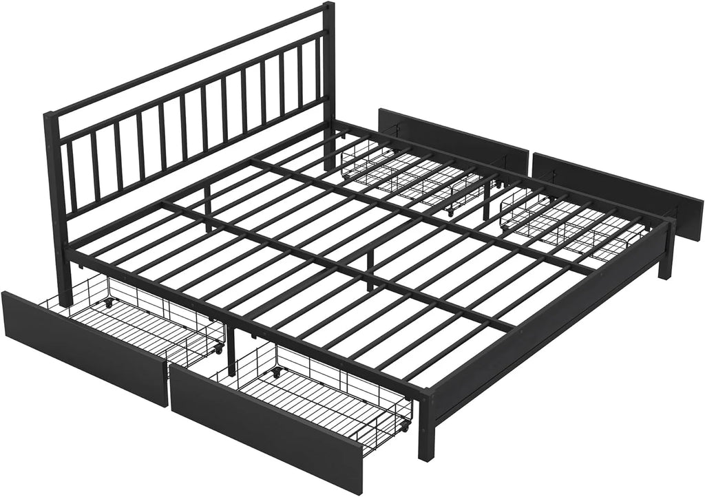 King Size Metal Platform Bed Frame with Storage Headboard and 4 Drawers J6370