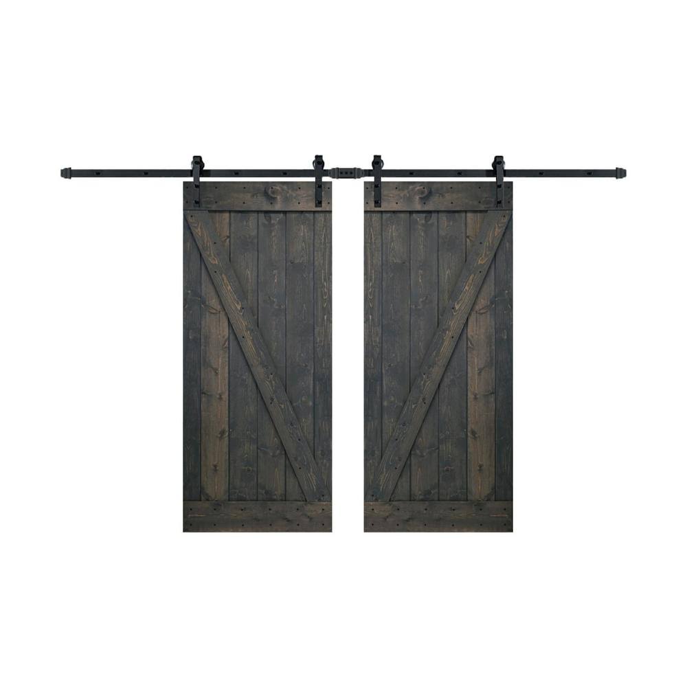 Carbon Gray Knotty Pine Wood Double Sliding Barn Door with Hardware Kit W444606