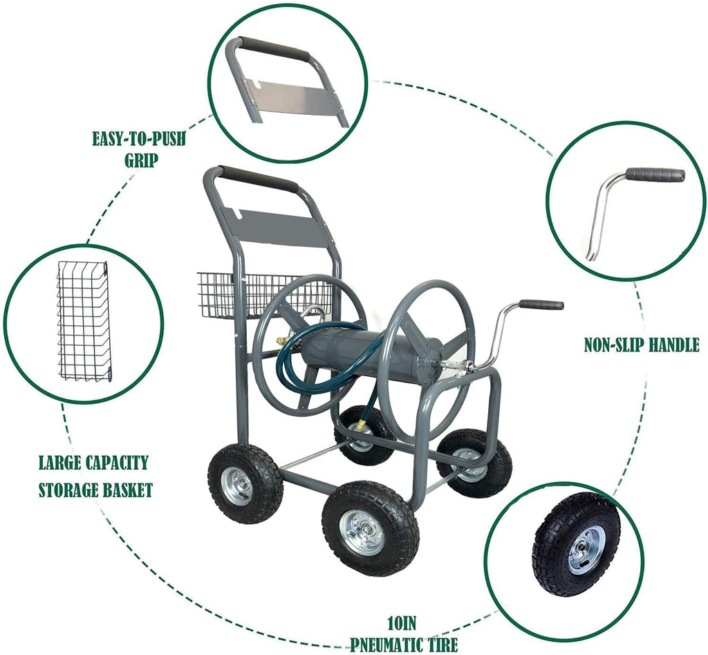 4 Wheels Portable Garden Hose Reel Cart with Storage Basket N5658