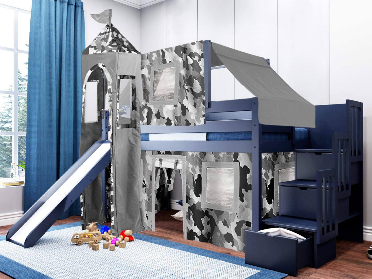 Twin Loft Bed with Slide and Tent I51731