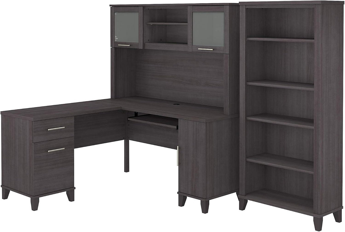 L Shaped Desk with Hutch and 5 Shelf Bookcase L403133