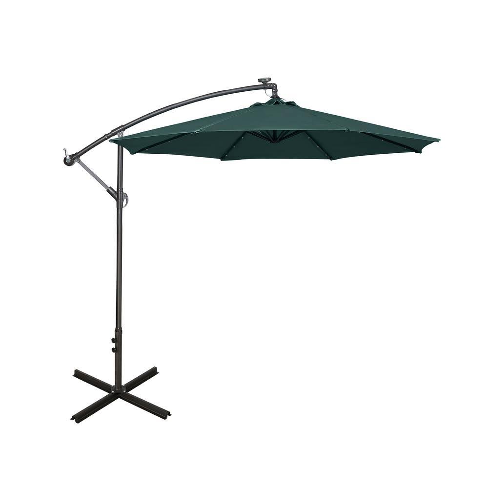 10 ft. Cantilever Hanging Patio Umbrella with Solar LED and Base Weights, Dark Green X88108