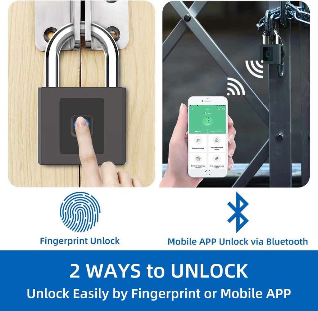 Fingerprint Padlock, Large Size Smart Lock, Bluetooth Padlock with Keyless Biometric, Waterproof for Warehouse, Gym, Cabinets, Office Pack of 2 X6377