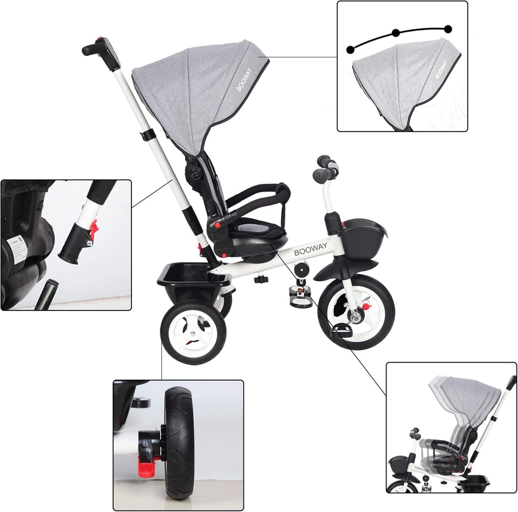 6-in-1 Kids Stroller Tricycle with Adjustable Push Handle, Removable Canopy, Safety Harness T7501