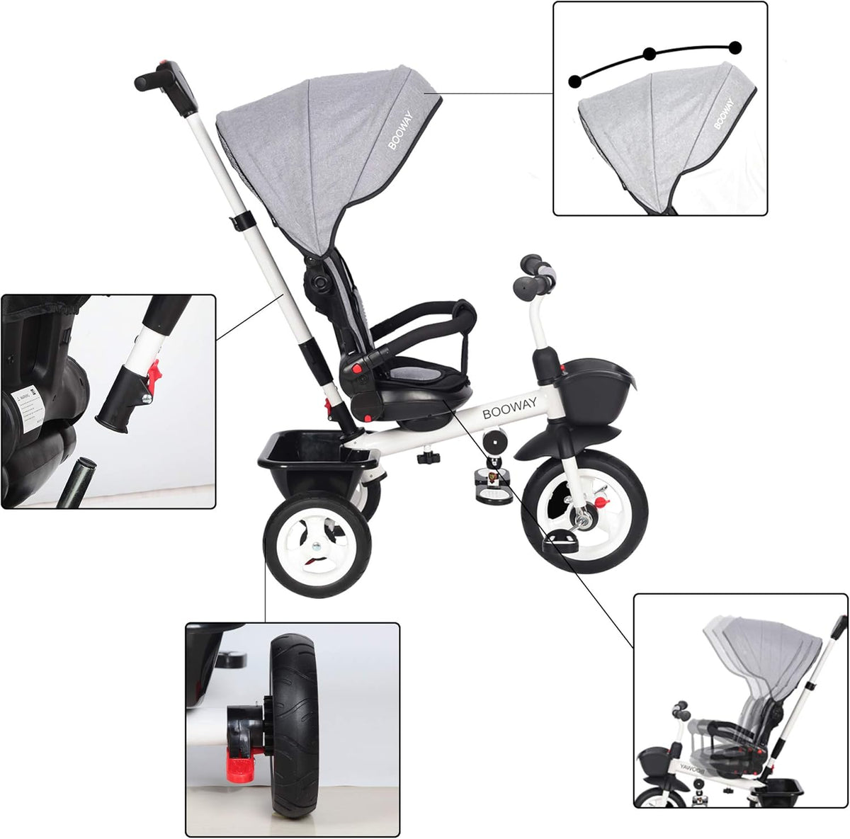 6-in-1 Kids Stroller Tricycle with Adjustable Push Handle, Removable Canopy, Safety Harness T7501
