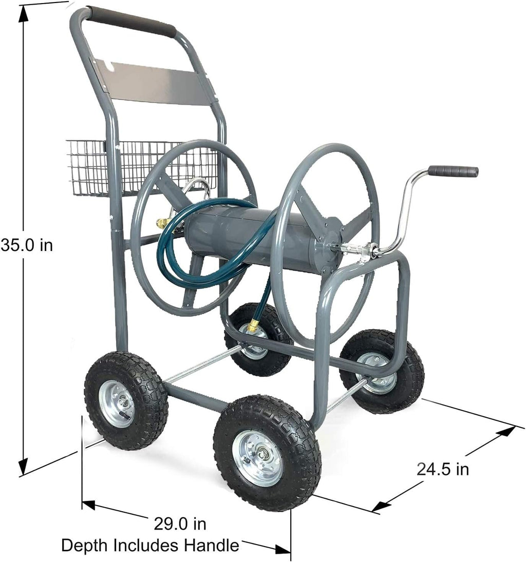 4 Wheels Portable Garden Hose Reel Cart with Storage Basket N5658
