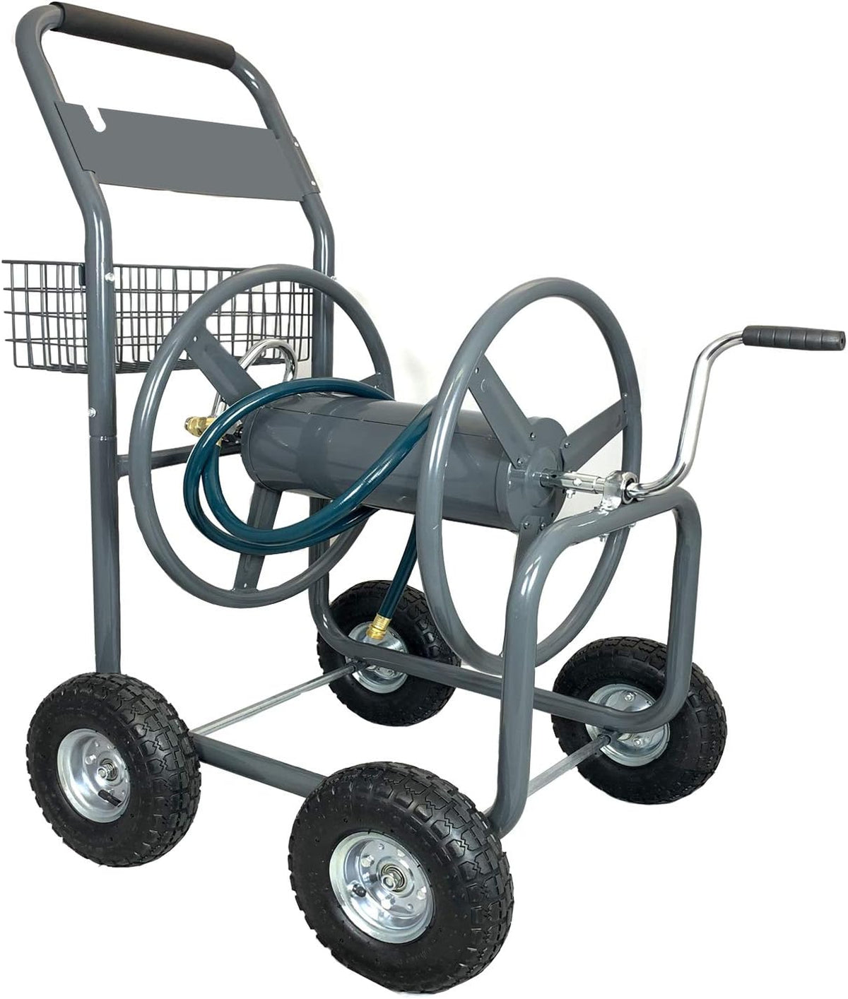 4 Wheels Portable Garden Hose Reel Cart with Storage Basket N5658