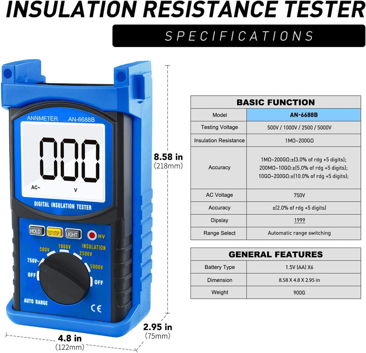 Digital Insulation Resistance Tester 5000V 200G ohms Auto Ranging Voltmeter D807389