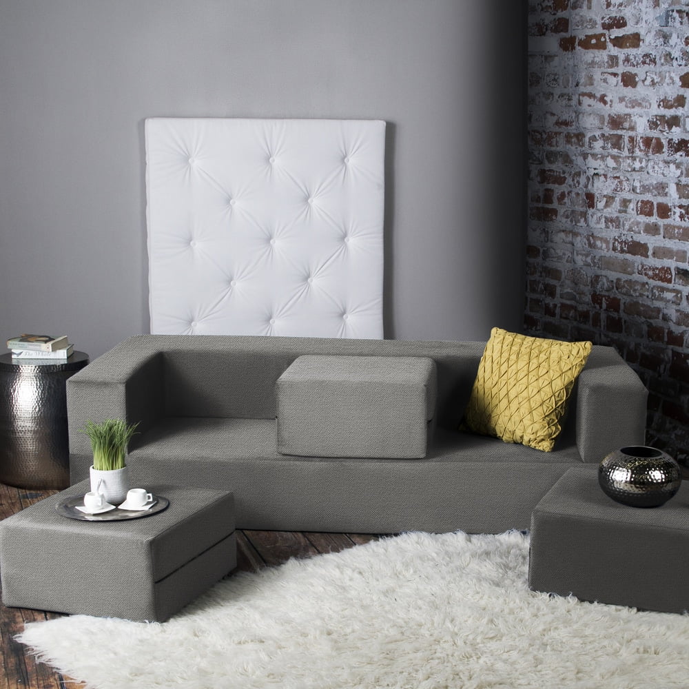 California King Convertible Sleeper Sofa and Ottomans Dove Grey Foam Polyester E44826