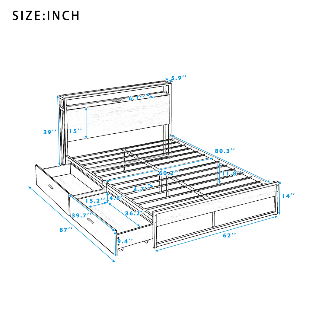 Black Queen Size Metal Platform Bed Frame with Wood Headboard and 2 Drawers A352813