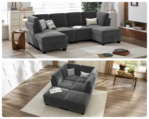 Dark Grey Corduroy Modular Sectional Sleeper Sofa with Ottoman H804092