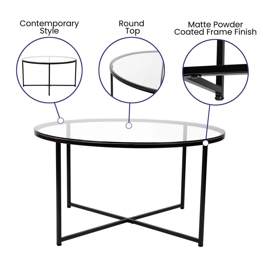 Clear Glass Table Set with Matte Black X Metal Frame, Coffee Table, 2 End Tables J2077