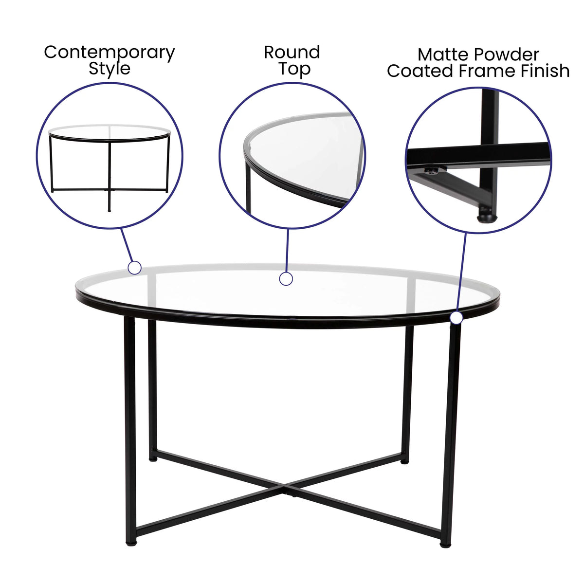 Clear Glass Table Set with Matte Black X Metal Frame, Coffee Table, 2 End Tables J2077