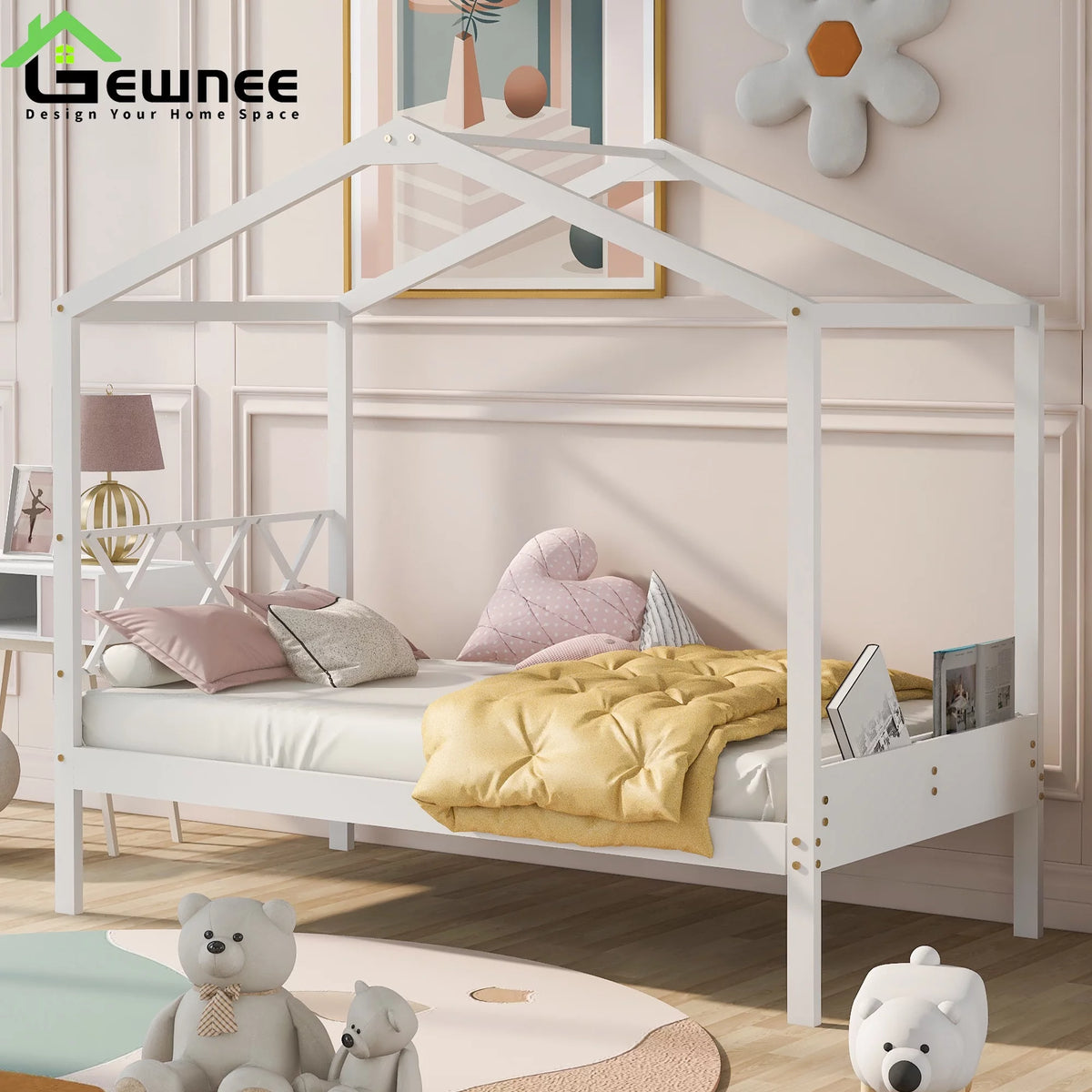 Twin Size White Wood House Bed with Storage H432