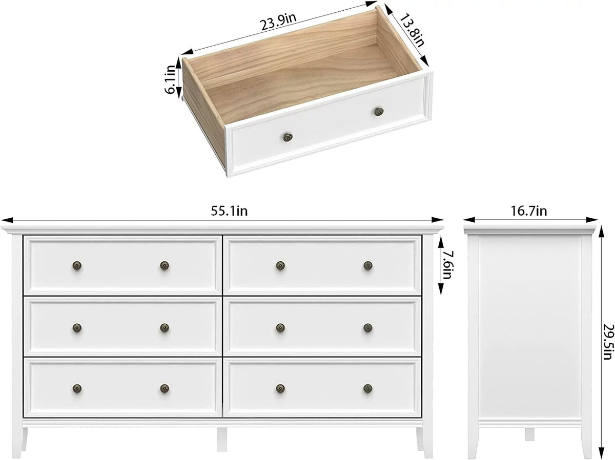 6 Drawer Double Dresser 55 inch Solid Wood White Q337476