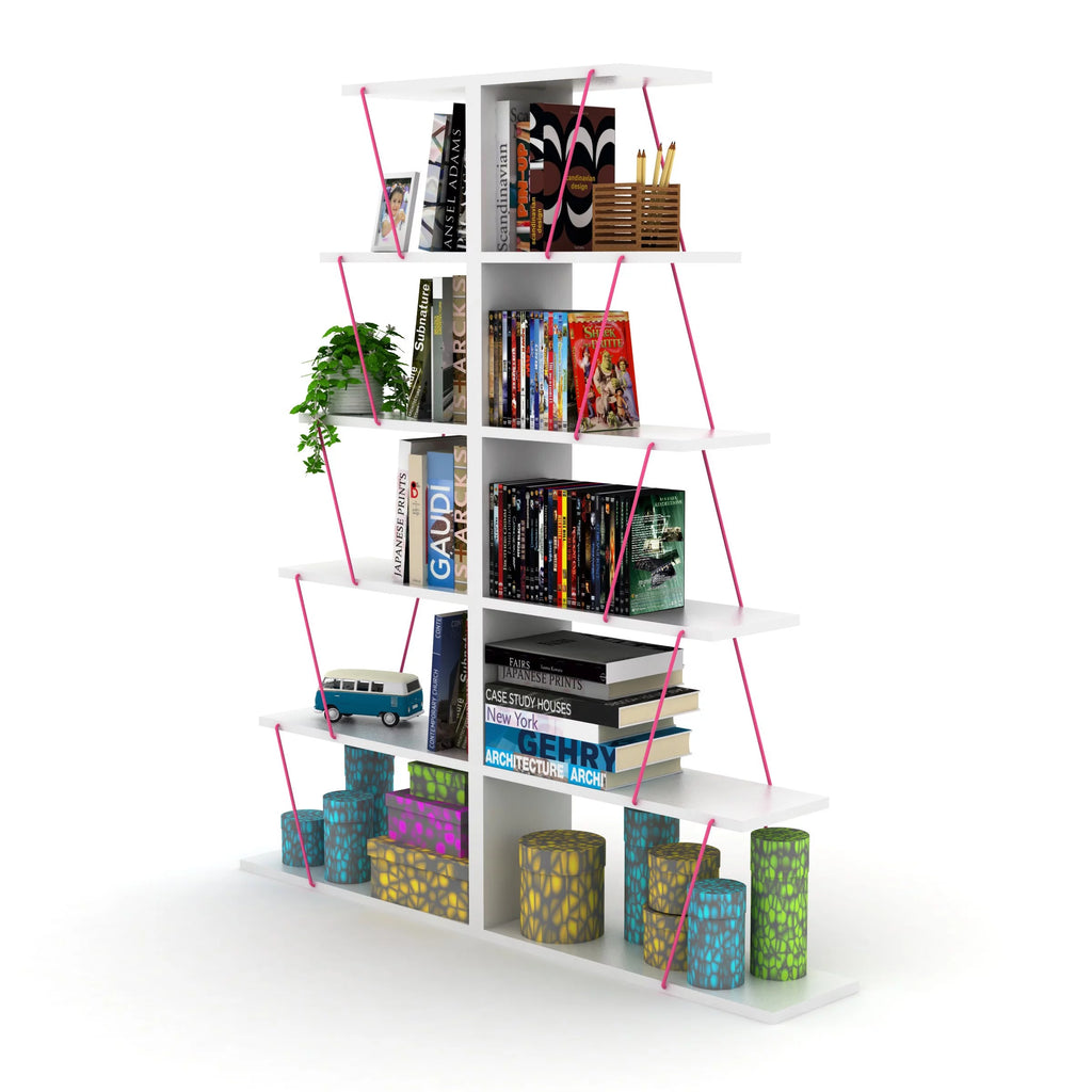 Modern 5 Tier Ladder Bookshelf, White/Pink Q5567