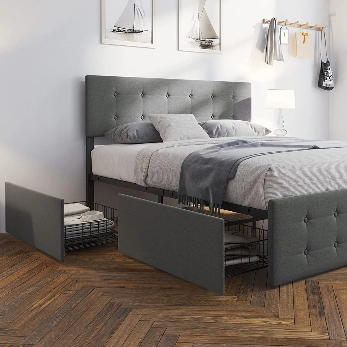 Platform Bed Frame with Headboard and 4 Drawers Storage F8483