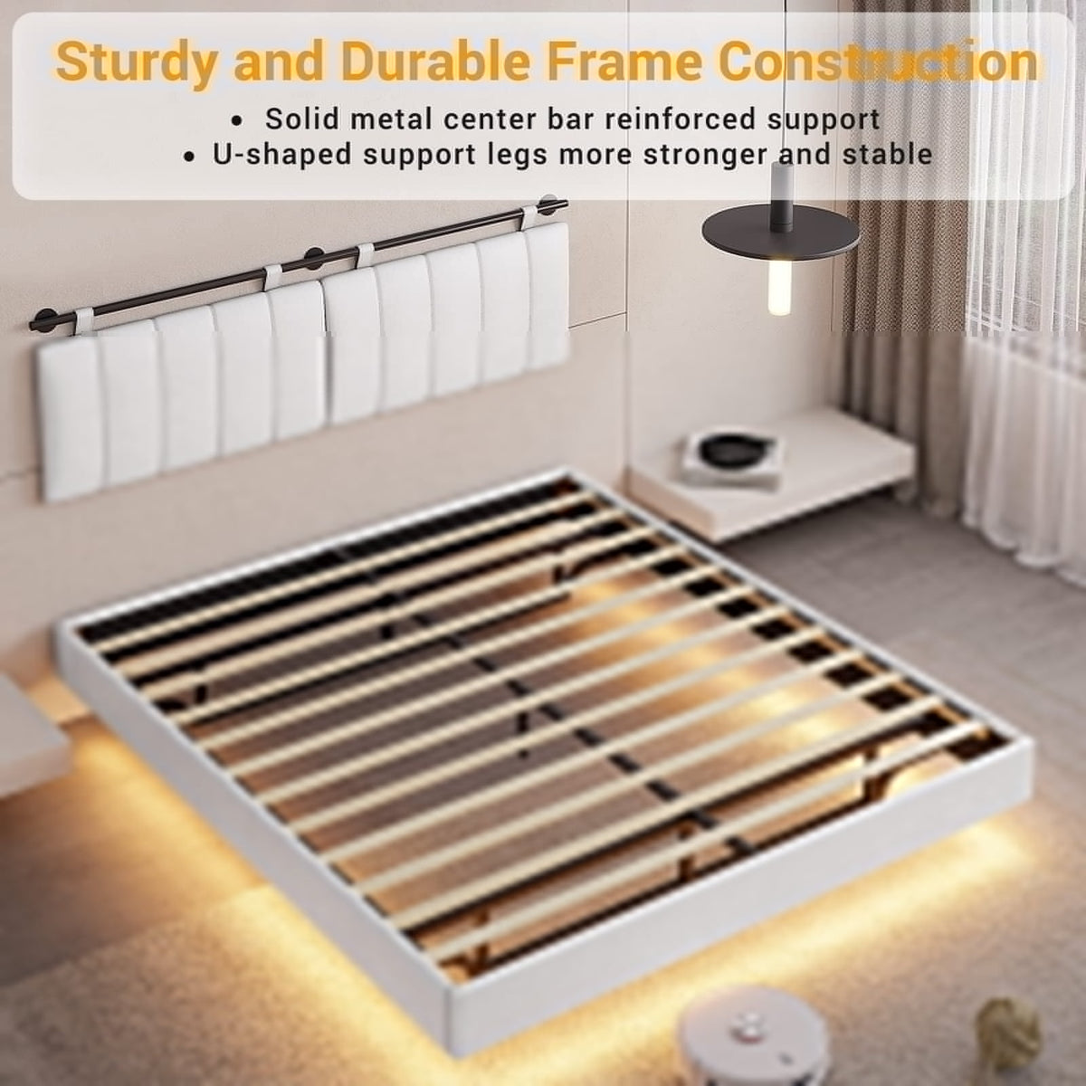White LED Queen Bed Frame with Upholstered Headboard I29951