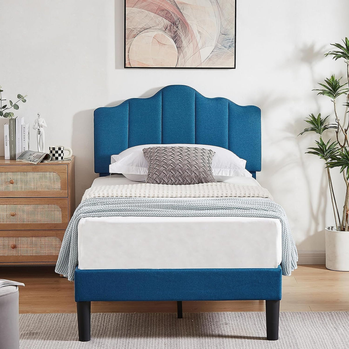 Twin Size Blue Upholstered Platform Bed with Adjustable Headboard N2866
