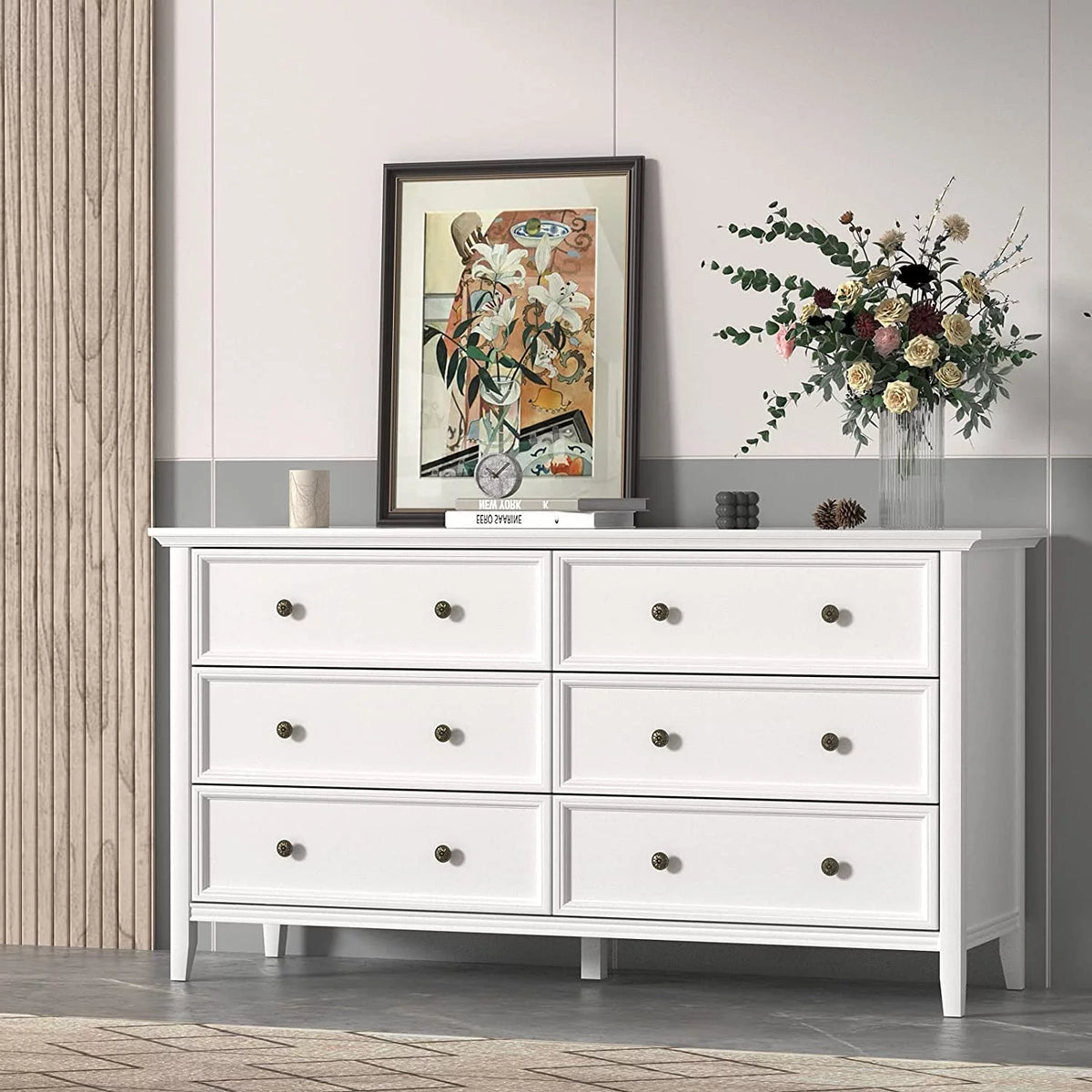 6 Drawer Double Dresser 55 inch Solid Wood White Q337476
