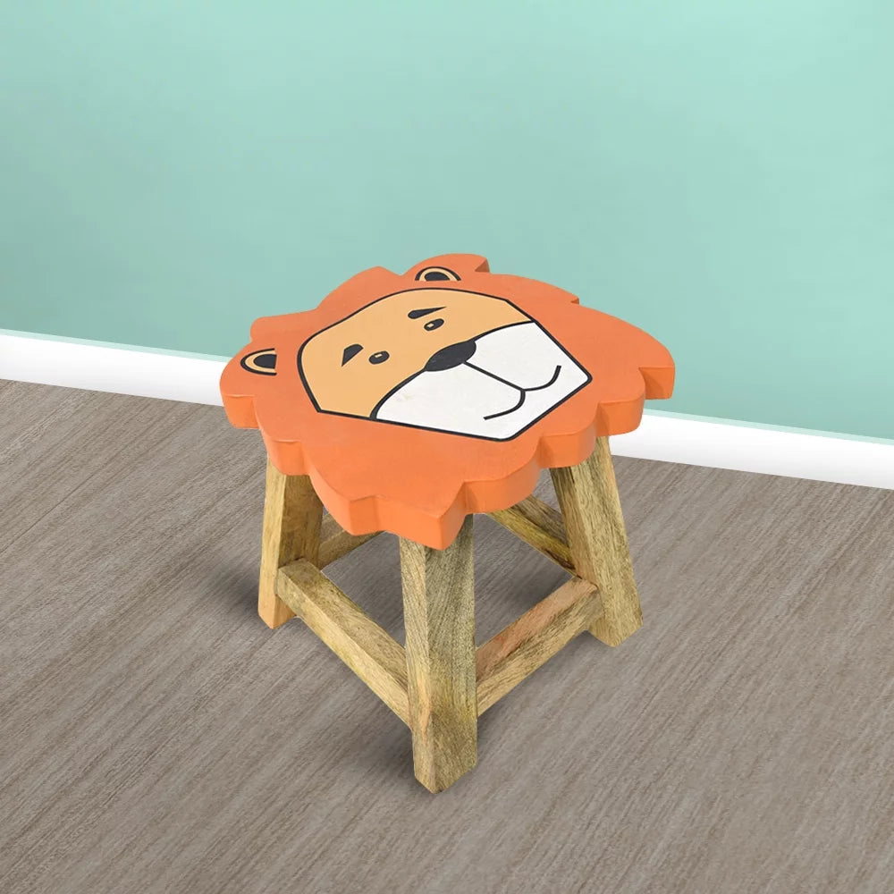 Handmade Mango Wood Orange Lion Shaped Stool P825736