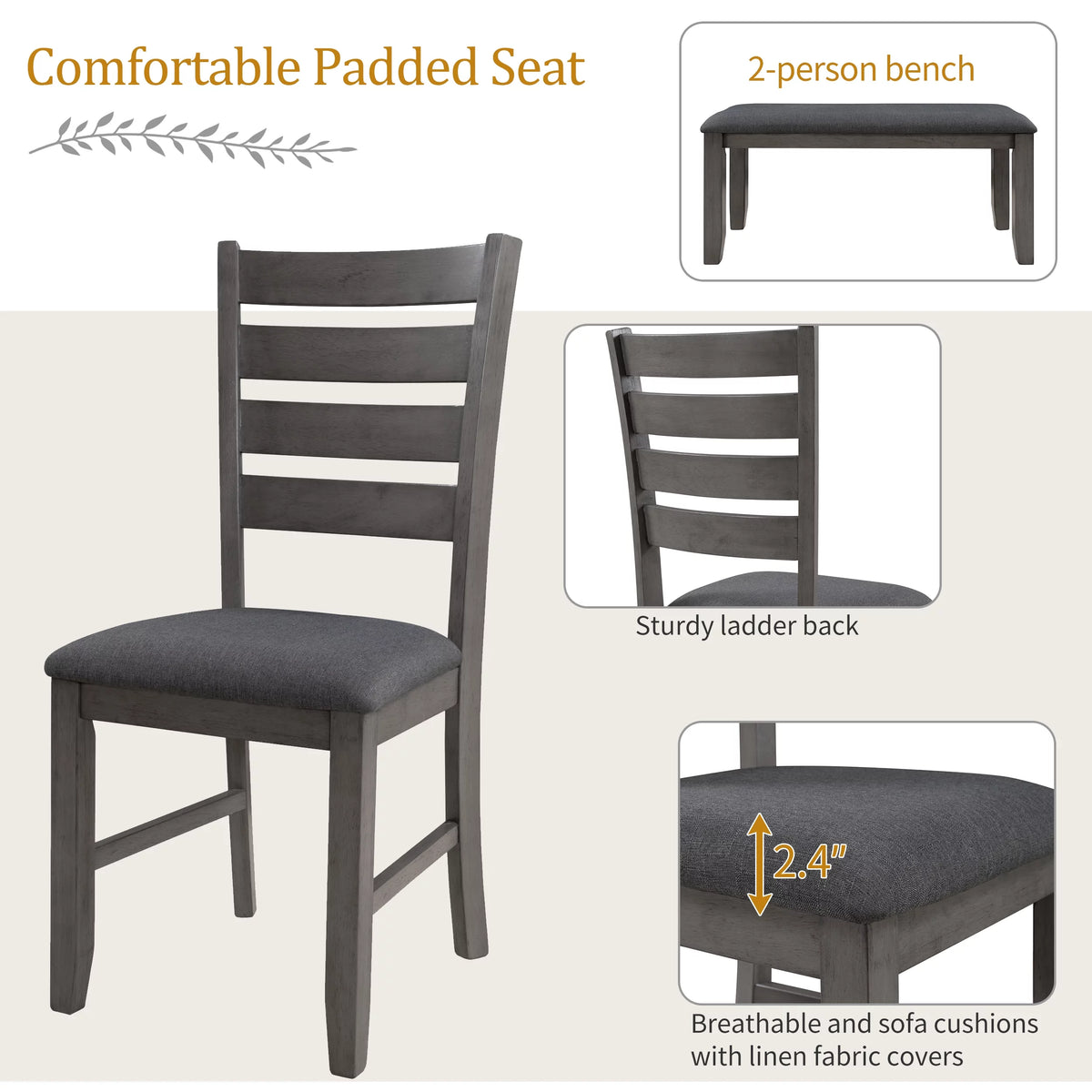 Gray Wood Dining Table and Chairs with Bench V375809