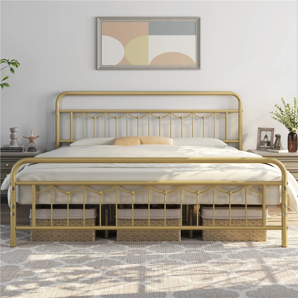 Queen Metal Platform Bed Frame with Vintage Headboard and Footboard E7905
