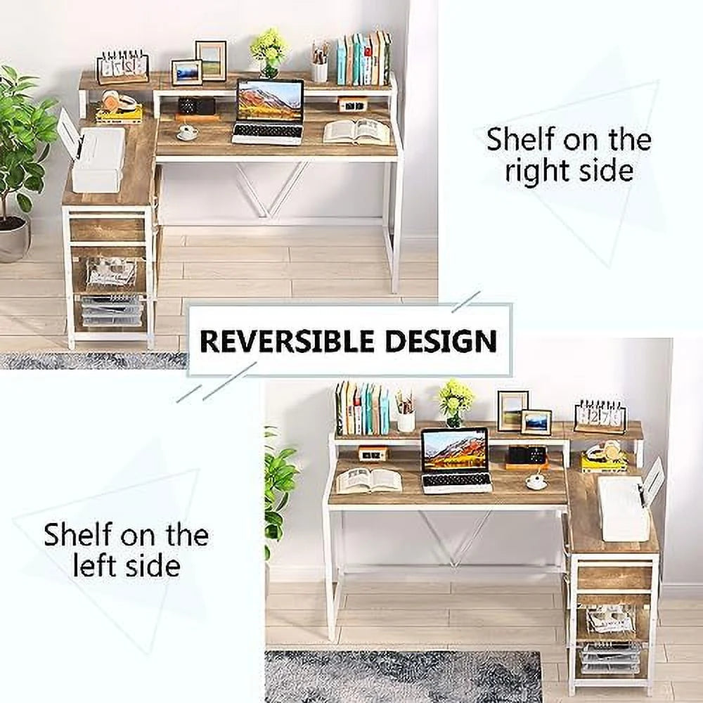 Reversible L Shaped Desk with Drawer Shelves Monitor Stand U2920