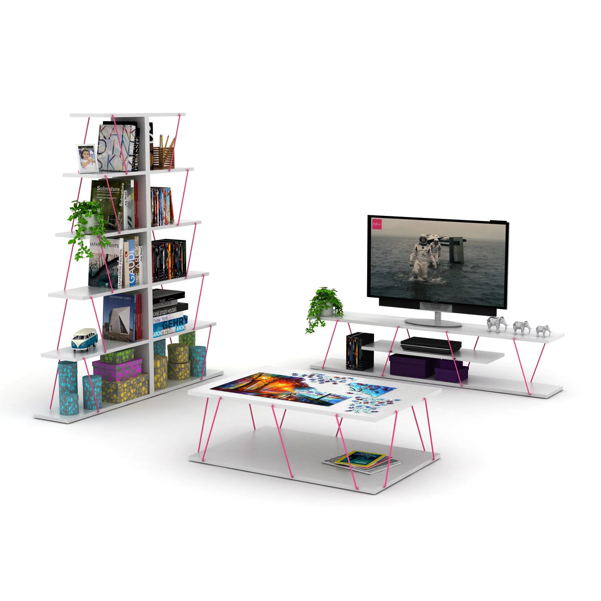 Modern 5 Tier Ladder Bookshelf, White/Pink Q5567