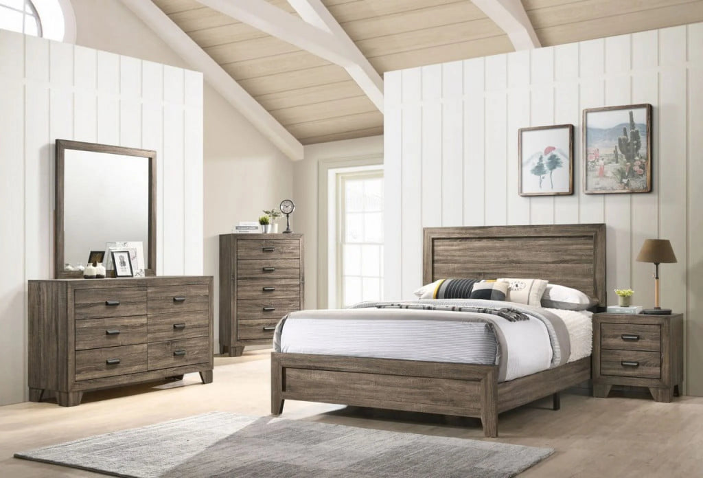 Grey 4Pc King Size Panel Bed Dresser Mirror Nightstand Set G2935