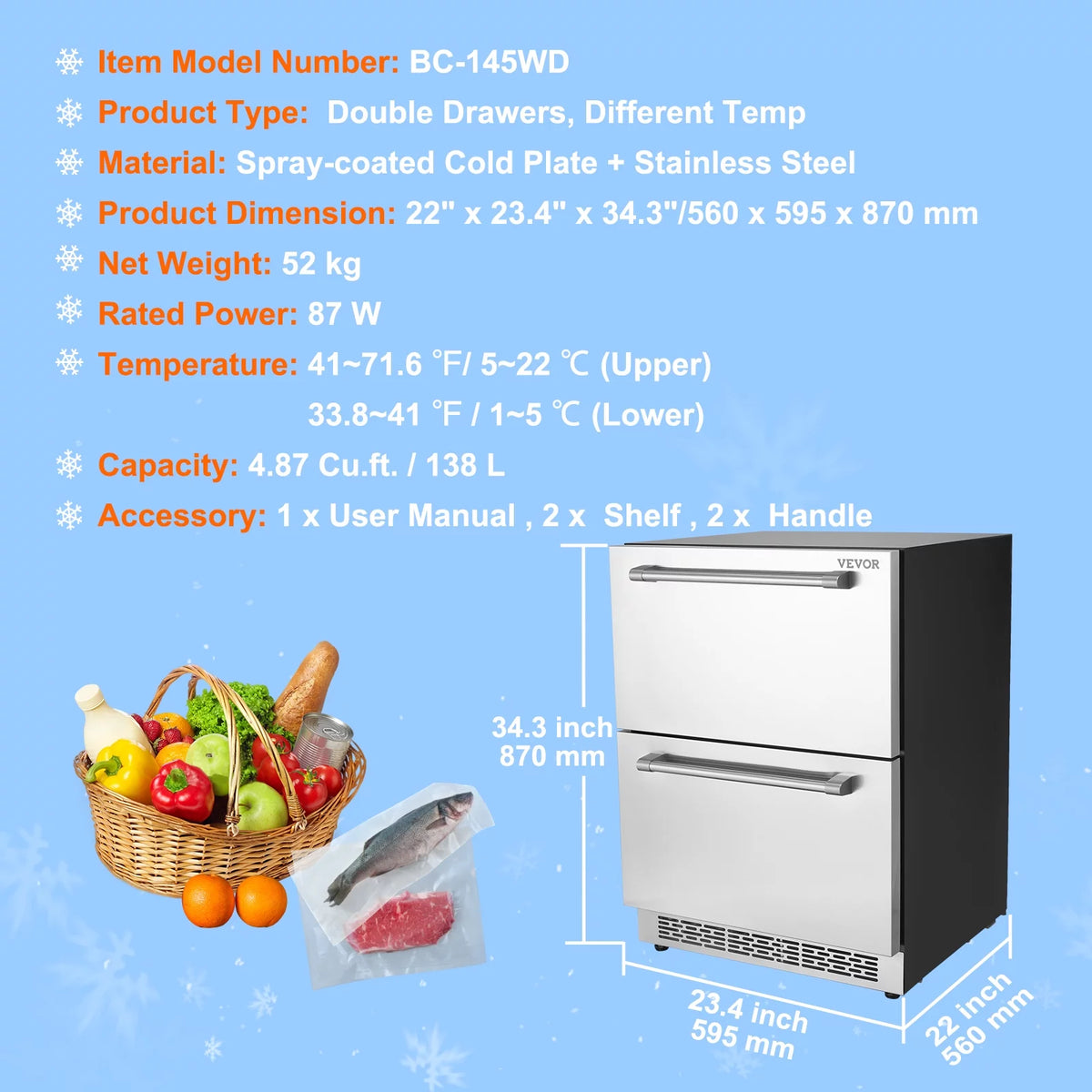24 2 Drawer Stainless Steel Undercounter Refrigerator E564