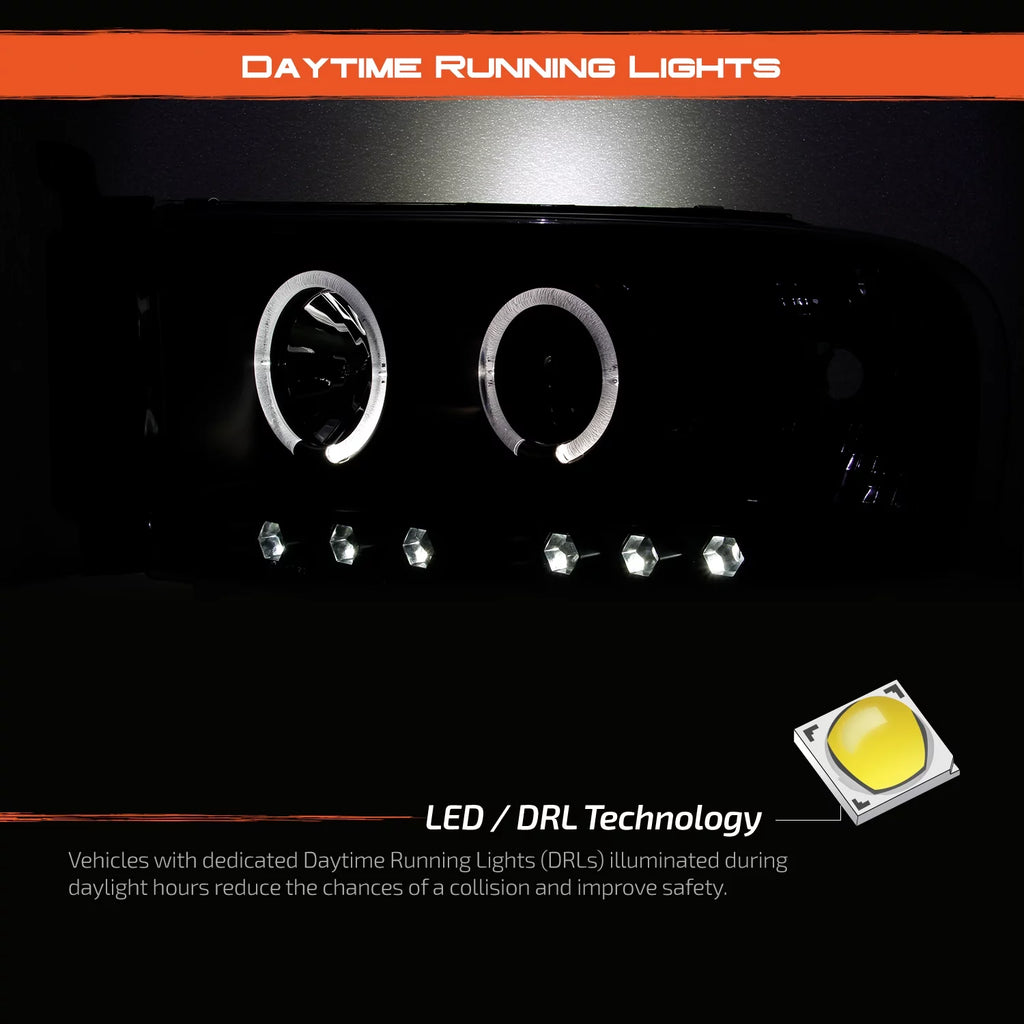 Black Housing Dual Halo DRL Projector LED Headlights + Tail Lamps V15653