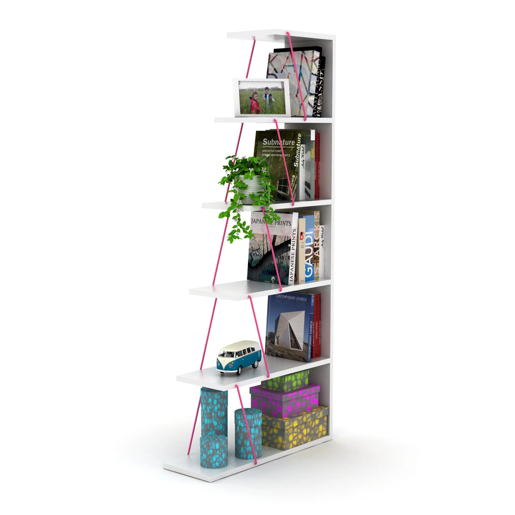 Modern 5 Tier Ladder Bookshelf, White/Pink Q5567