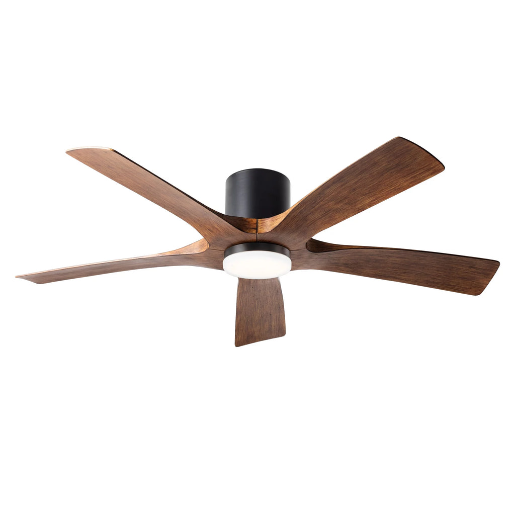 Indoor and Outdoor 5-Blade Smart Flush Mount Ceiling Fan 54in Matte Black Distressed Koa with Remote Control J7201