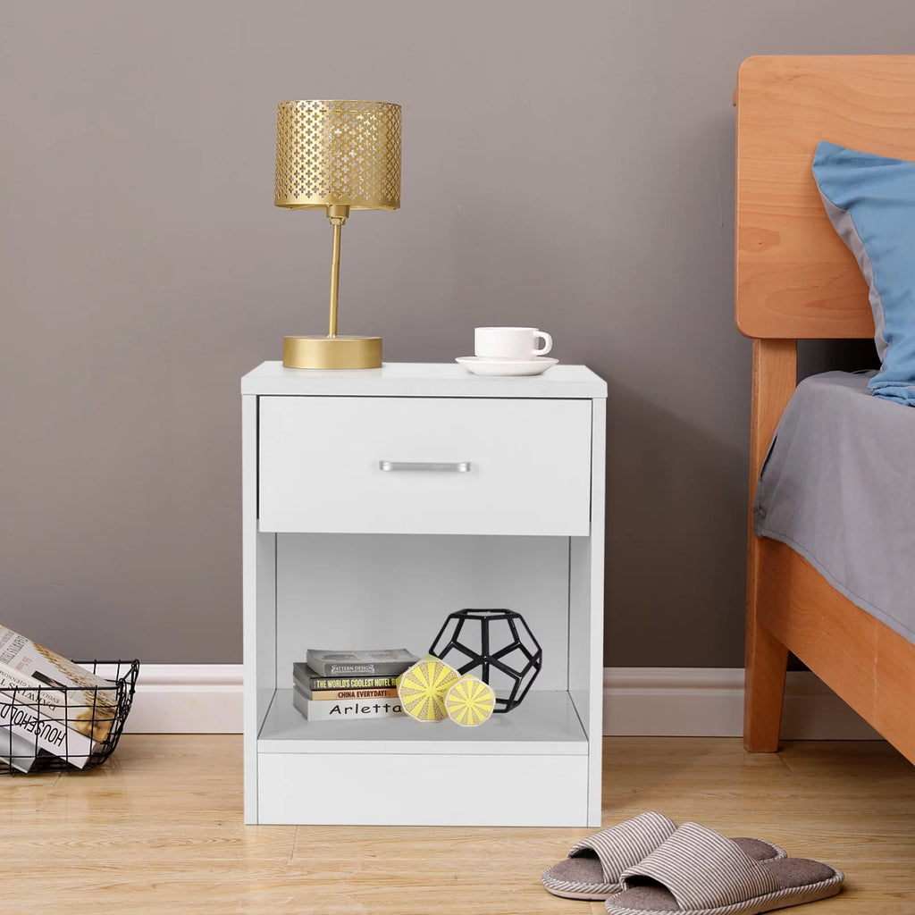 White Nightstand Set of 2 with Drawer and Open Cabinet Wood Bedside Table J641746