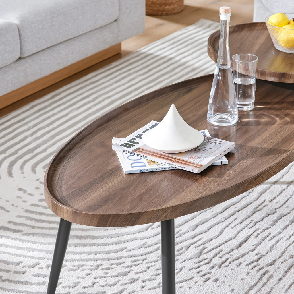 2 Piece Walnut Coffee Table Set with Black Metal Legs A31028