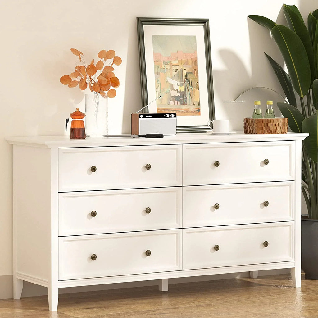 6 Drawer Double Dresser 55 inch Solid Wood White Q337476