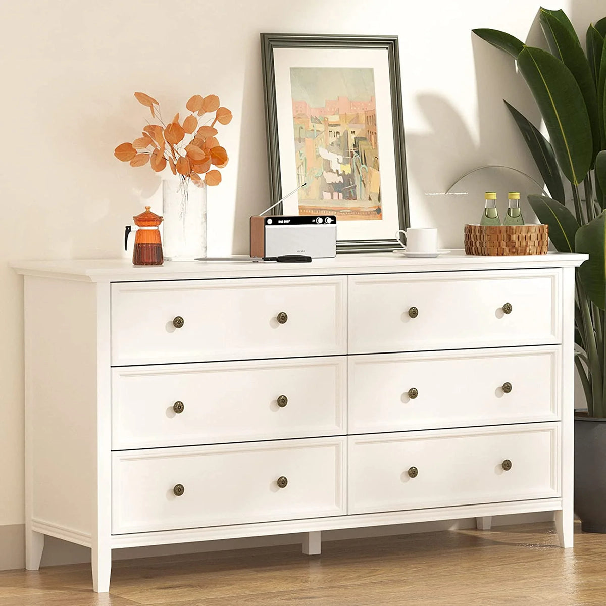 6 Drawer Double Dresser 55 inch Solid Wood White Q337476